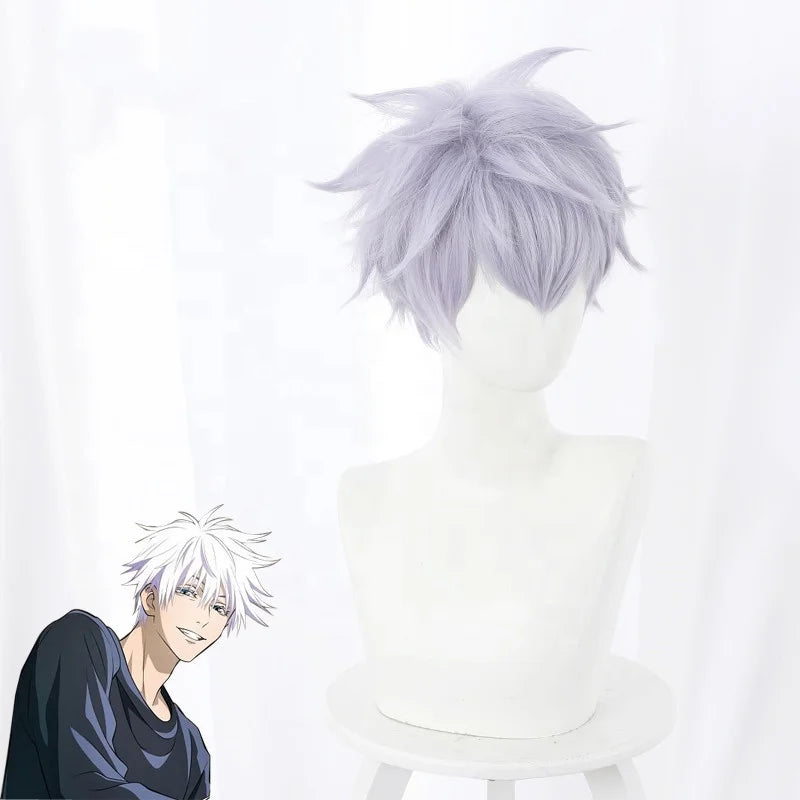 Gojo Jujutsu Kaisen Anime Peluca Satoru Wig Cosplay Synthetic Heat Resistant Hair Wig Mixed Wholesale 30cm Short Light Purple