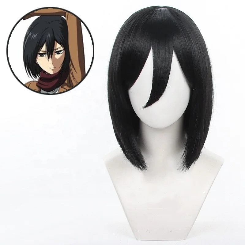 Wholesale Shingeki No Kyojin Wig Cosplay 35cm Short Black Synthetic Anime Halloween Party Mikasa Ackerman Cosplay Wig