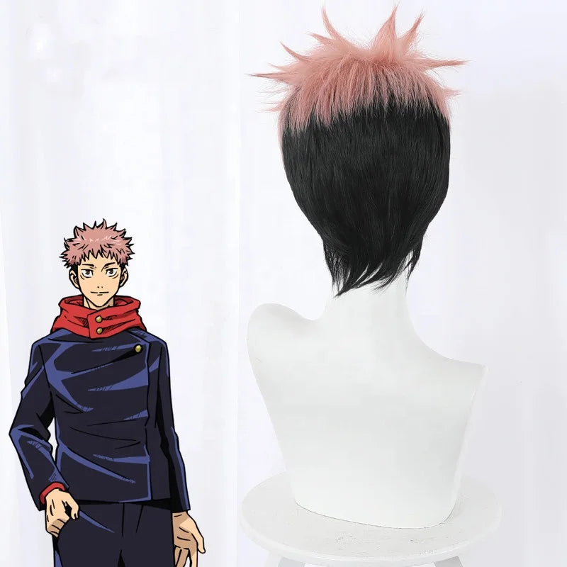 Wholesale 30cm Short Smoke Pink Black Mixed Jujutsu Kaisen Anime Peluca Yuji Itadori Wig Cosplay Synthetic Halloween Hair Wig