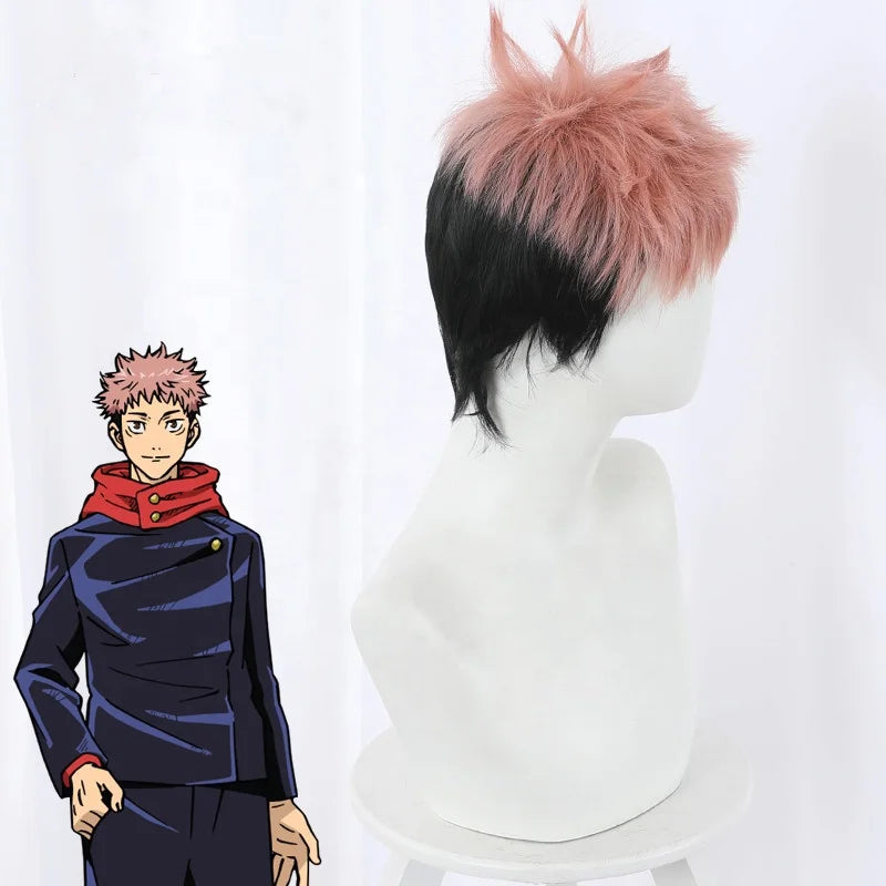 Wholesale 30cm Short Smoke Pink Black Mixed Jujutsu Kaisen Anime Peluca Yuji Itadori Wig Cosplay Synthetic Halloween Hair Wig