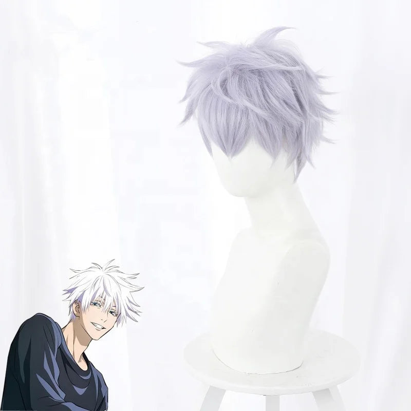 Gojo Jujutsu Kaisen Anime Peluca Satoru Wig Cosplay Synthetic Heat Resistant Hair Wig Mixed Wholesale 30cm Short Light Purple