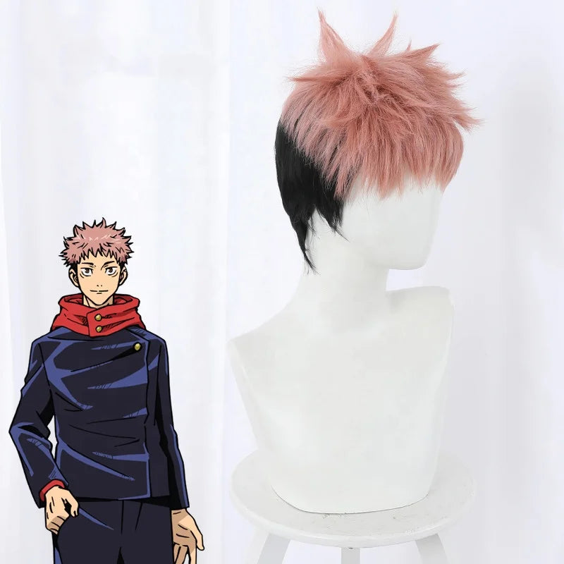 Wholesale 30cm Short Smoke Pink Black Mixed Jujutsu Kaisen Anime Peluca Yuji Itadori Wig Cosplay Synthetic Halloween Hair Wig