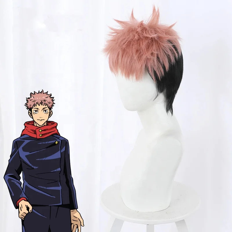 Wholesale 30cm Short Smoke Pink Black Mixed Jujutsu Kaisen Anime Peluca Yuji Itadori Wig Cosplay Synthetic Halloween Hair Wig
