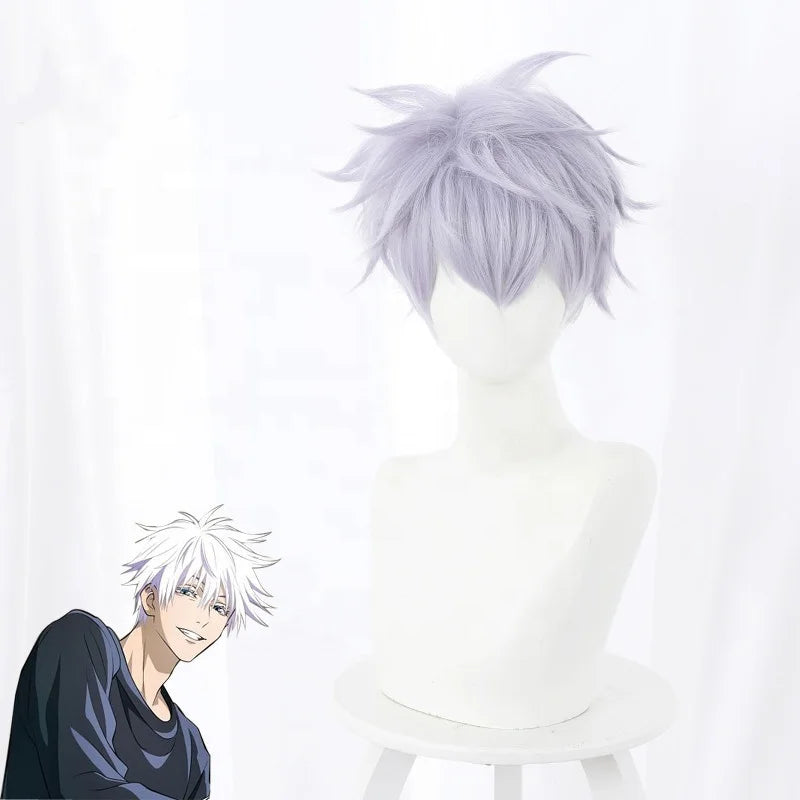 Gojo Jujutsu Kaisen Anime Peluca Satoru Wig Cosplay Synthetic Heat Resistant Hair Wig Mixed Wholesale 30cm Short Light Purple