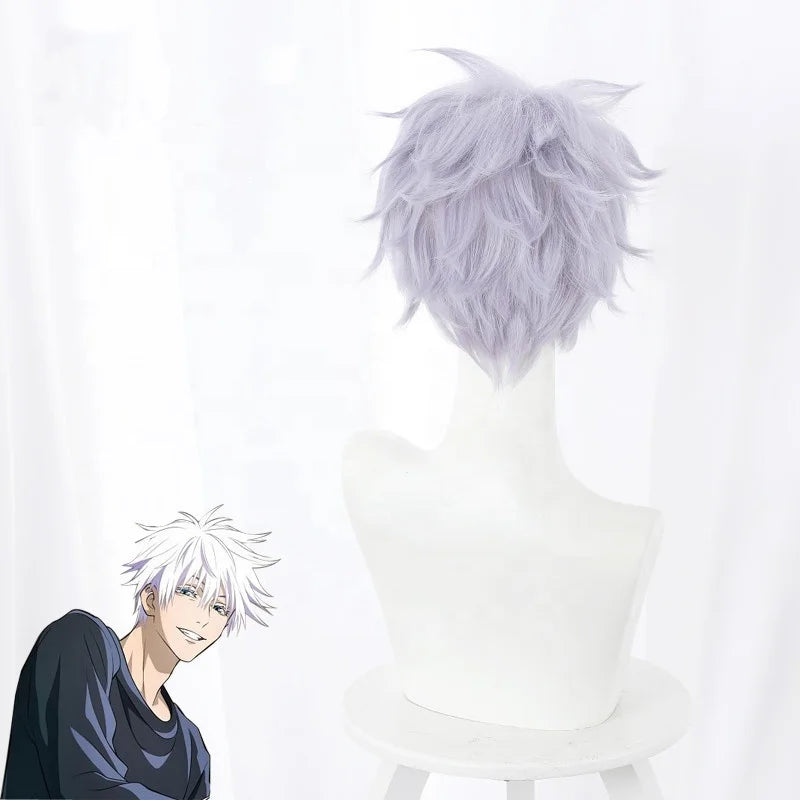 Gojo Jujutsu Kaisen Anime Peluca Satoru Wig Cosplay Synthetic Heat Resistant Hair Wig Mixed Wholesale 30cm Short Light Purple