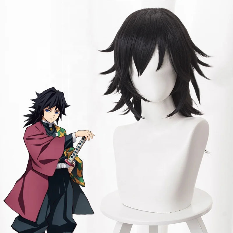 Wholesale 55cm Long Black Demon Slayer Tomioka Giyuu Wig Cosplay Synthetic Anime Hair Wigs With One Ponytail