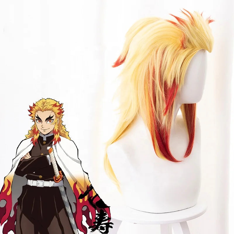 Wholesale Peluca Cosplay 50cm Medium Long Demon Slayer Rengoku Kyoujurou Wig Synthetic Anime Cosplay Wigs With One Ponytail