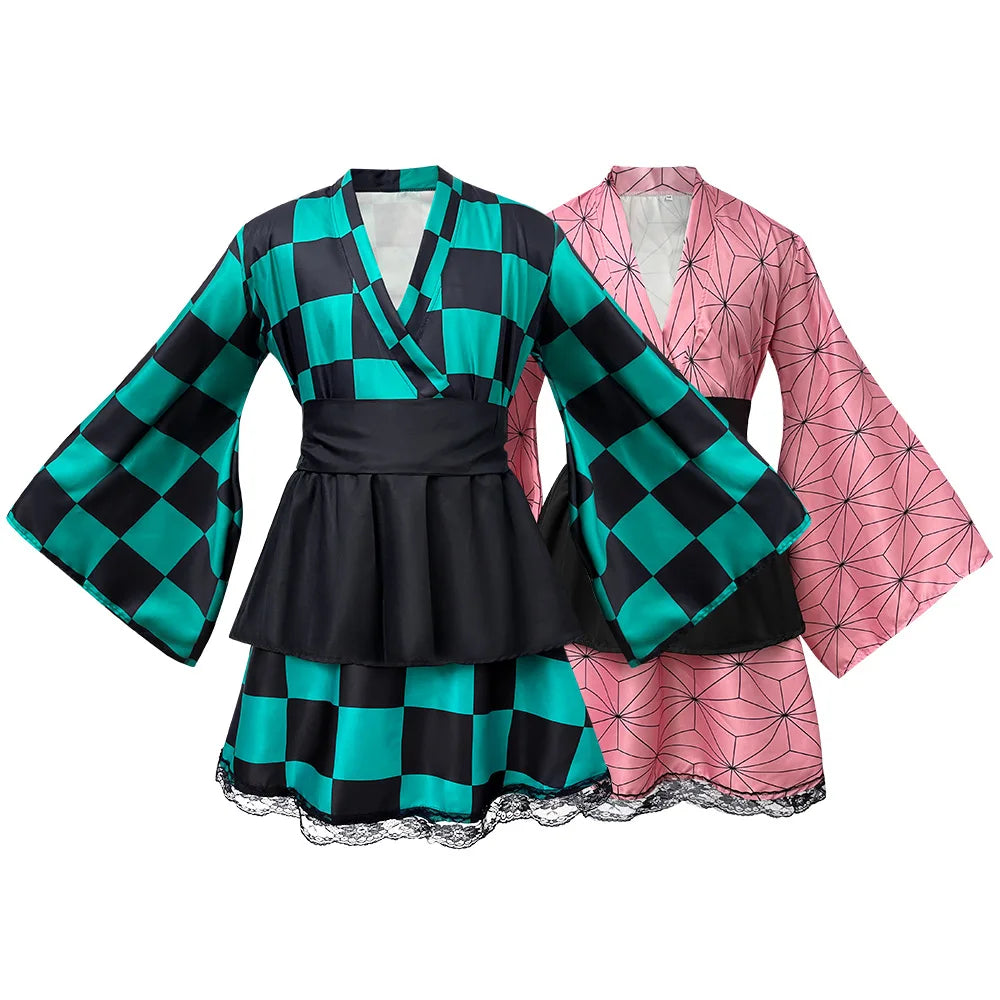 L Ready to Ship Halloween Anime Costume Kamado Tanjiro Nezuko Cosplay Japanese Kimonos Anime Convention Carnival Easter Costume
