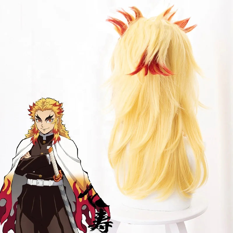 Wholesale Peluca Cosplay 50cm Medium Long Demon Slayer Rengoku Kyoujurou Wig Synthetic Anime Cosplay Wigs With One Ponytail