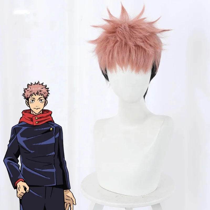 Wholesale 30cm Short Smoke Pink Black Mixed Jujutsu Kaisen Anime Peluca Yuji Itadori Wig Cosplay Synthetic Halloween Hair Wig