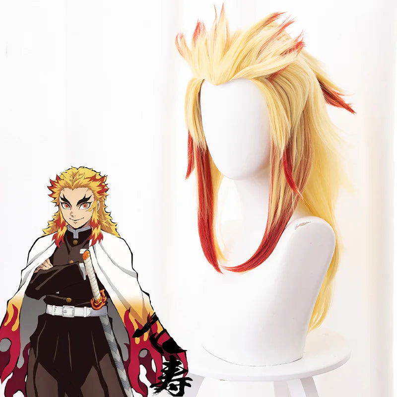 Wholesale Peluca Cosplay 50cm Medium Long Demon Slayer Rengoku Kyoujurou Wig Synthetic Anime Cosplay Wigs With One Ponytail