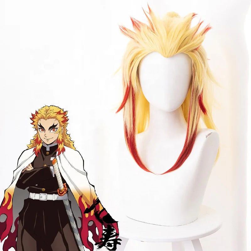 Wholesale Peluca Cosplay 50cm Medium Long Demon Slayer Rengoku Kyoujurou Wig Synthetic Anime Cosplay Wigs With One Ponytail
