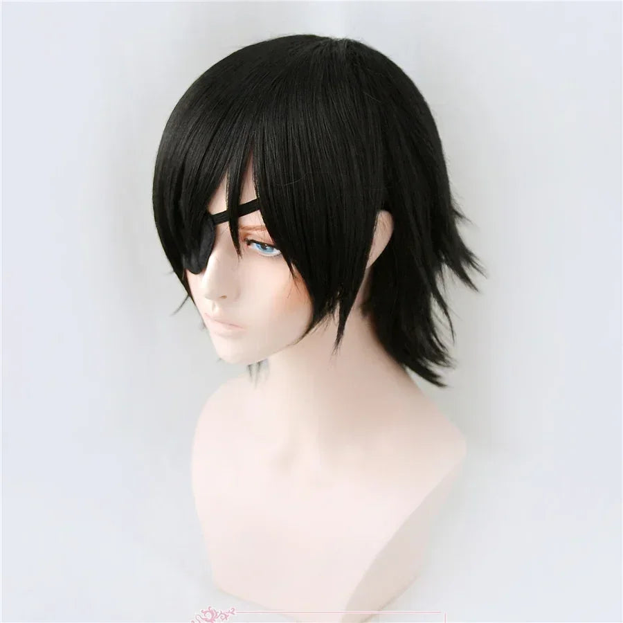 Himeno Wig Chainsaw Man Black Short Fluffy Layered Synthetic Hair With Eyes Patch Heat Resistant Costume Party Play