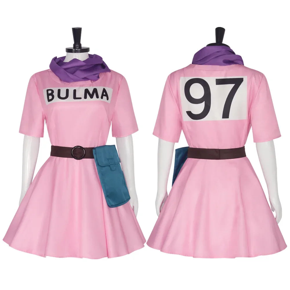 Anime Bulma Cosplay Costume Pink Dress Uniform Kawaii Girls Purple Scarf Belt Bag Costume Girls Full Set Party for Women