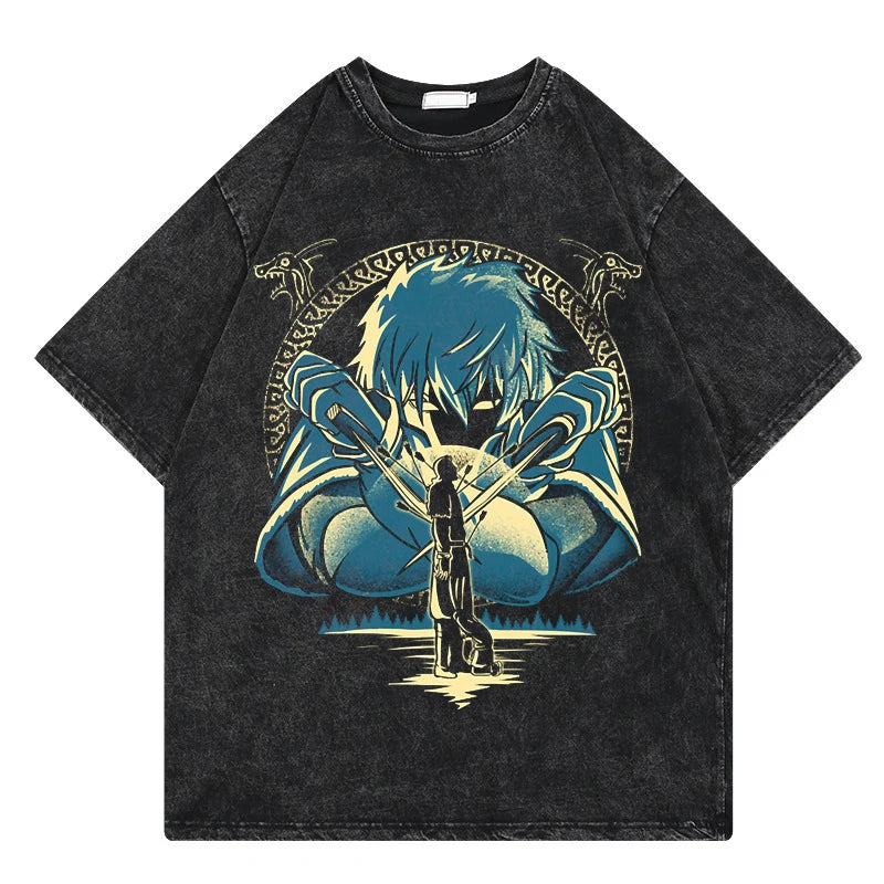 Vinland Saga Anime Vintage Washed Tshirt Graphic Print Hip Hop Streetwear Loose Y2k Summer Short Sleeve Harajuku 100% Cotton Top