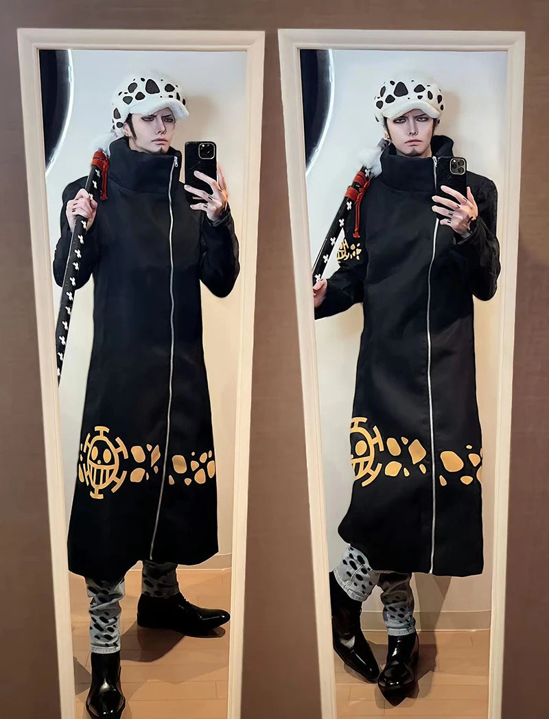 Anime Piece Pirate Trafalgar D. Water Law Cosplay Costume Black Cloak Hat Pant Long Windbreaker Jacket Party Carnival Adult Suit