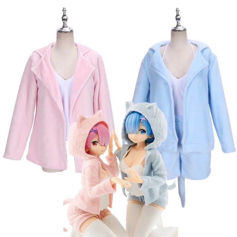 Anime Re:Life In A Different World From Zero Cosplay Rem Ram Costume Women Sexy Lovely Cat Ear Pajama Re Zero Cosplay Home Wear
