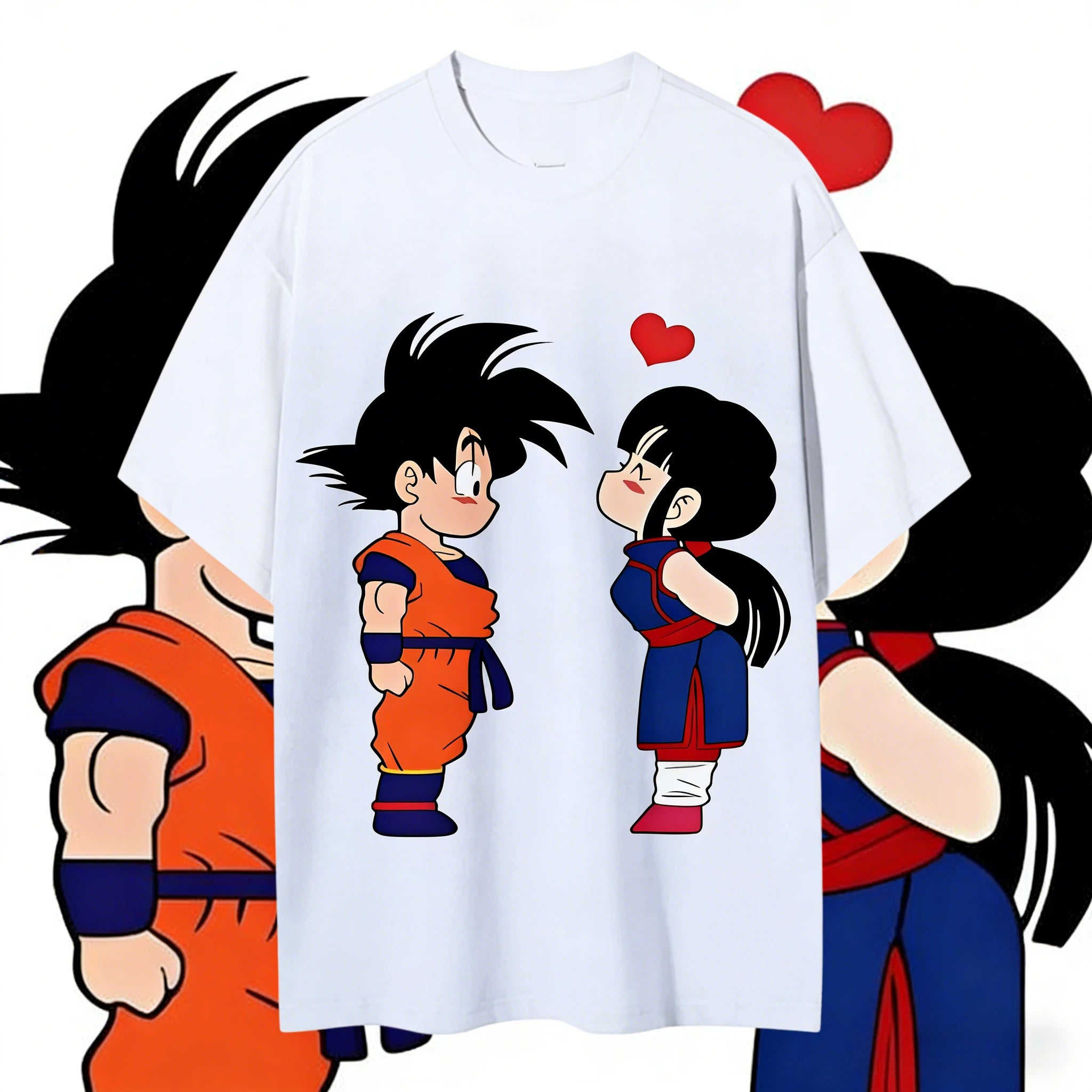 2026 Summer Dragon Ball Goku & Chichi Cute Couple Print Oversized Crew Neck T-Shirt 100% Cotton Casual Tops for Men Women Kids