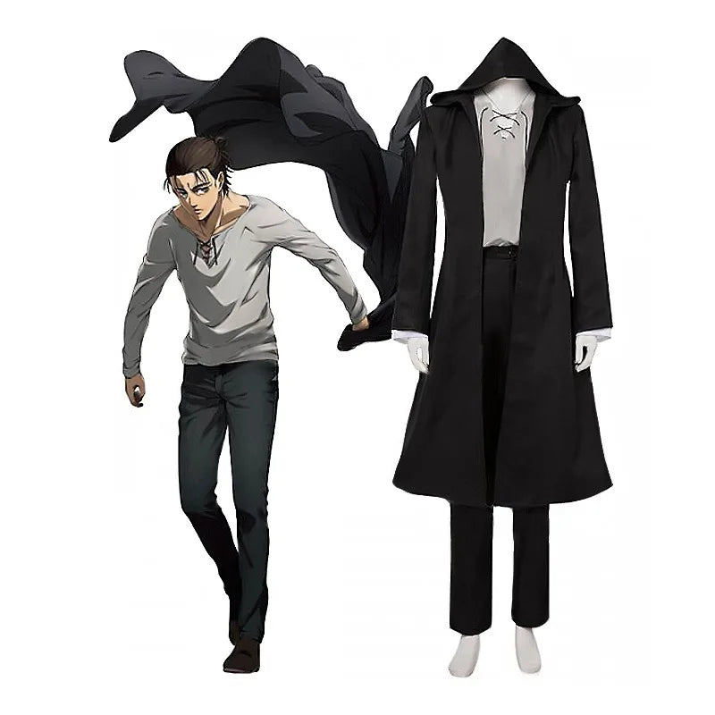 Eren Jaeger Cosplay Costume Anime Titan Costume Wig Cosplay Eren Yeager Black Hooded Trench T-shirt Pants Halloween Clothes