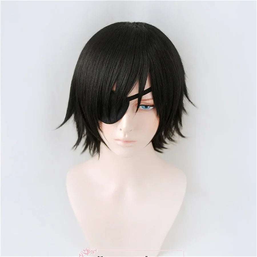 Himeno Wig Chainsaw Man Black Short Fluffy Layered Synthetic Hair With Eyes Patch Heat Resistant Costume Party Play