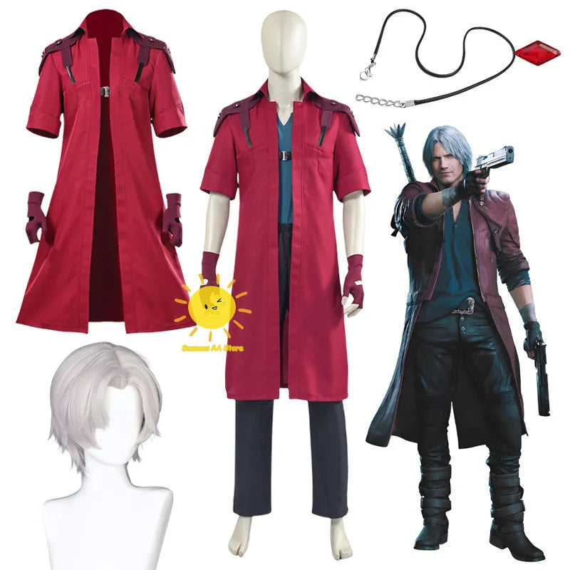 Anime Dante Cosplay Costumes Devil May Cry Cosplay Burgundy Coat Suits Necklace Wig Demon Dante Halloween Carnival Cos Adult Men