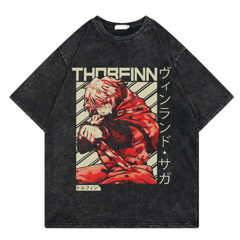 Vinland Saga Anime Vintage Washed Tshirt Graphic Print Hip Hop Streetwear Loose Y2k Summer Short Sleeve Harajuku 100% Cotton Top