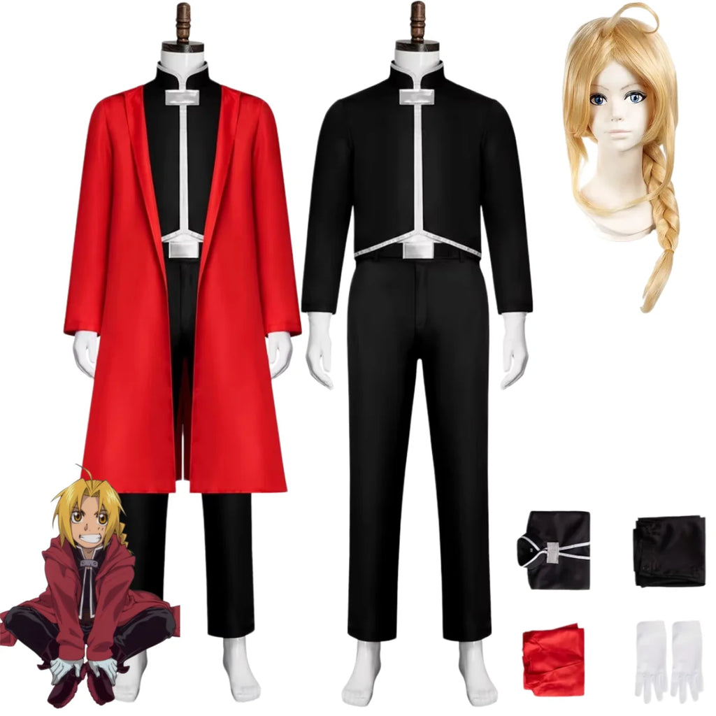 Anime Fullmetal Alchemist Edward Elric Cosplay Costume Red Cloak Coat Uniform Full Set Wig Adult Man Halloween Carnival Suit