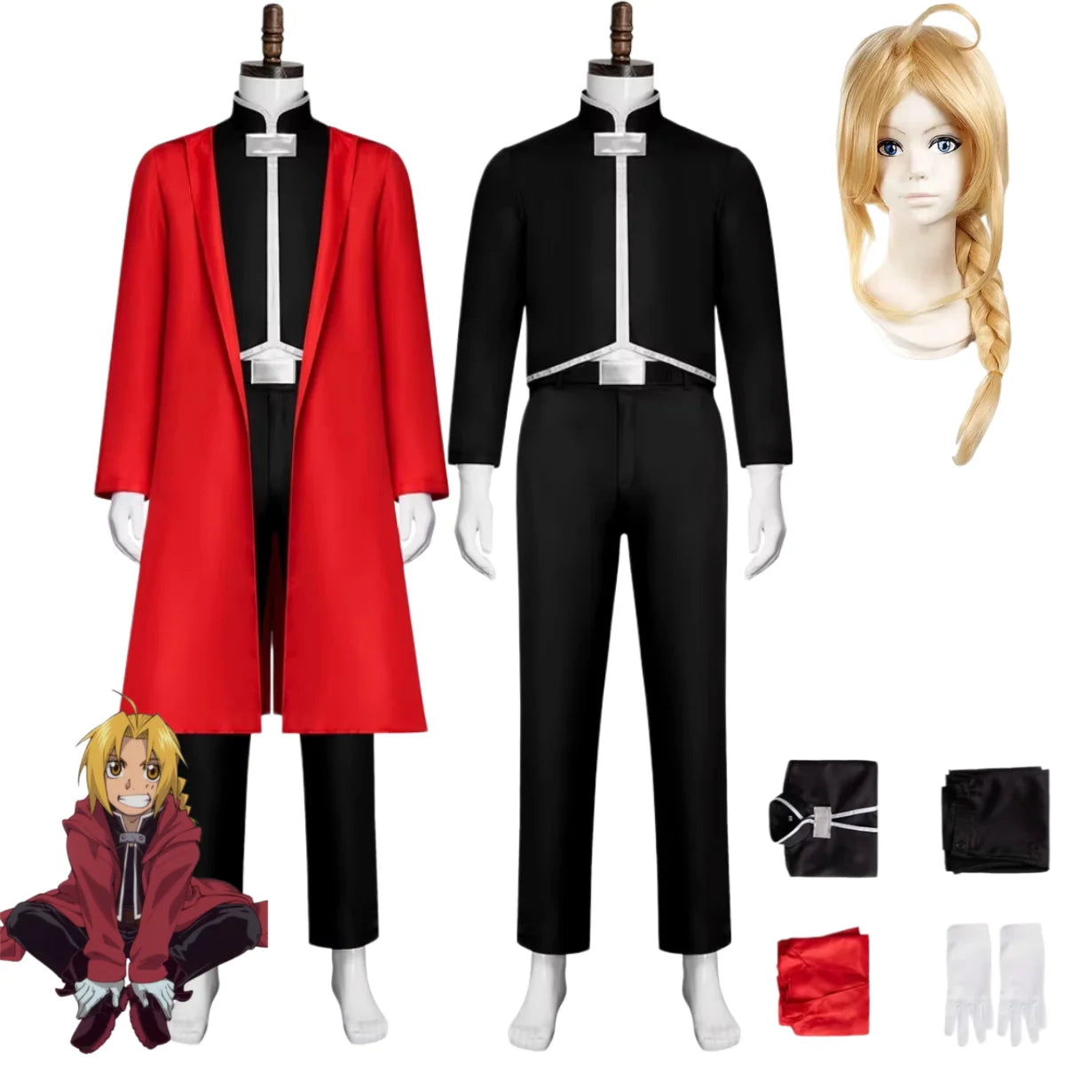 Anime Fullmetal Alchemist Edward Elric Cosplay Costume Red Cloak Coat Uniform Full Set Wig Adult Man Halloween Carnival Suit