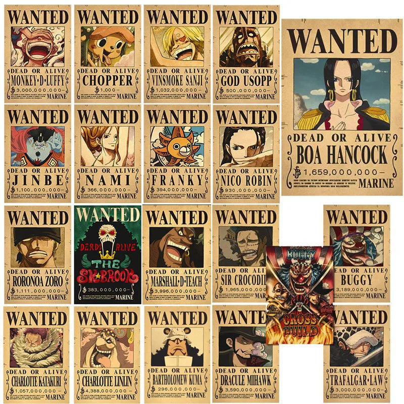 56PCS Anime One Piece Wanted Posters Stickers for Phone Laptop Guitar Car Wall Cool Graffiti Decals Sticker Toy Decor