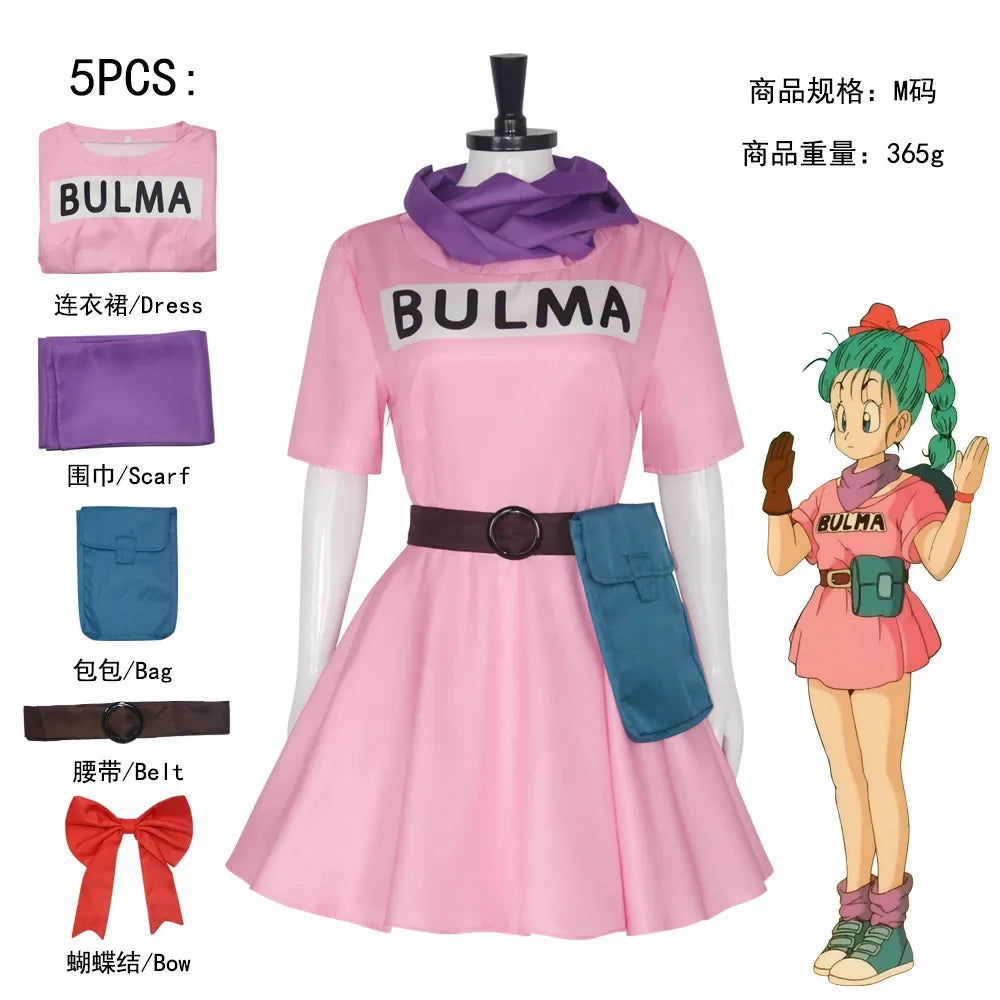 Anime Bulma Cosplay Costume Pink Dress Uniform Kawaii Girls Purple Scarf Belt Bag Costume Girls Full Set Party for Women