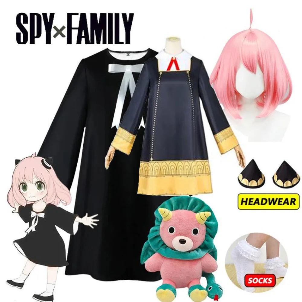 Anya Forger Cosplay Dress Anime Spy X Family Forger Anya Cosplay Wig Black Dress Socks Doll Halloween Costumes for Girls Women