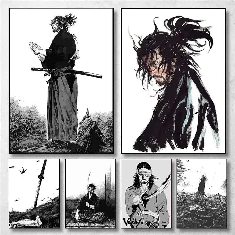 Vintage Japanese Anime Wall Art Miyamoto Musashi Vagabond Bushido Warrior Poster Canvas Painting  Perfect Home Decor for Manga E